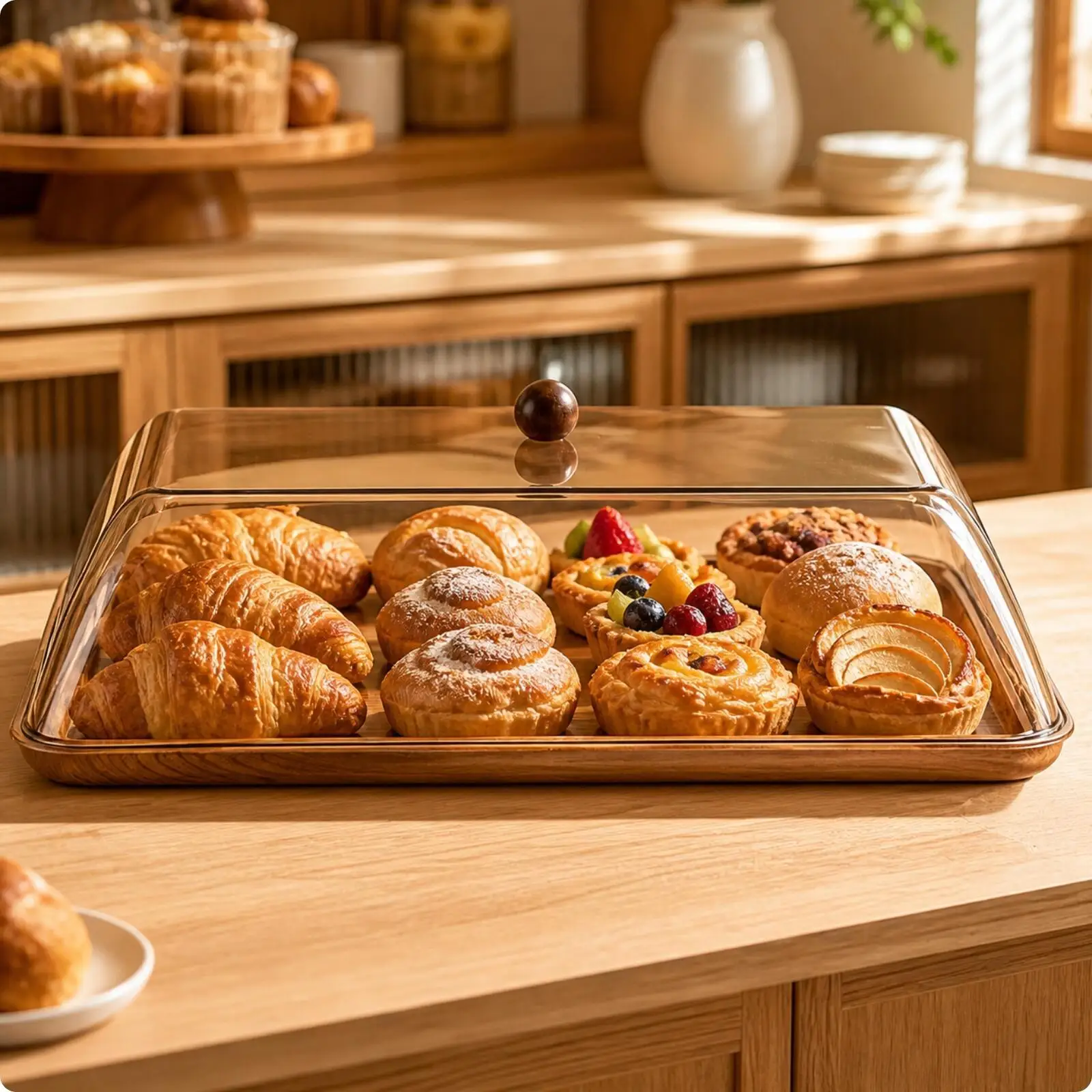 Plastic Tray with Lid Wood Grain Finish for Home Kitchen Display Covered Serving Tray for Pastry Bread Fruit Snack Storage