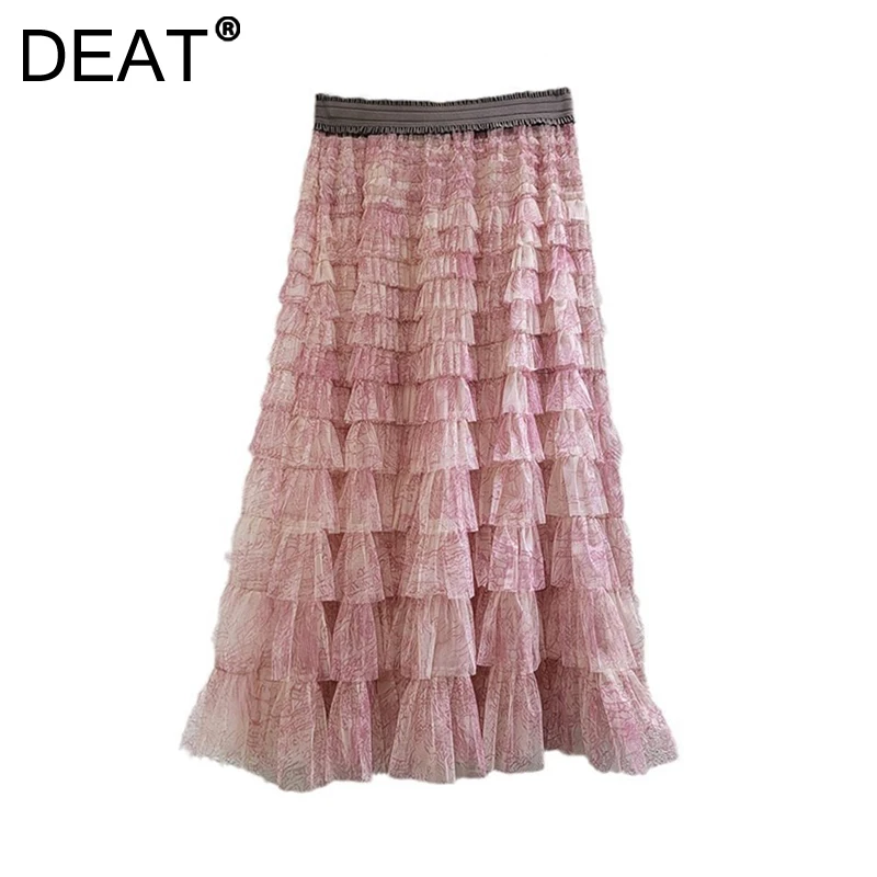 DEAT Women's Mesh Skirt Pink Printed Patchwork Multi-layer Thin Perspective A-line Elastic Waist Skirts Spring 2025 New Fashion