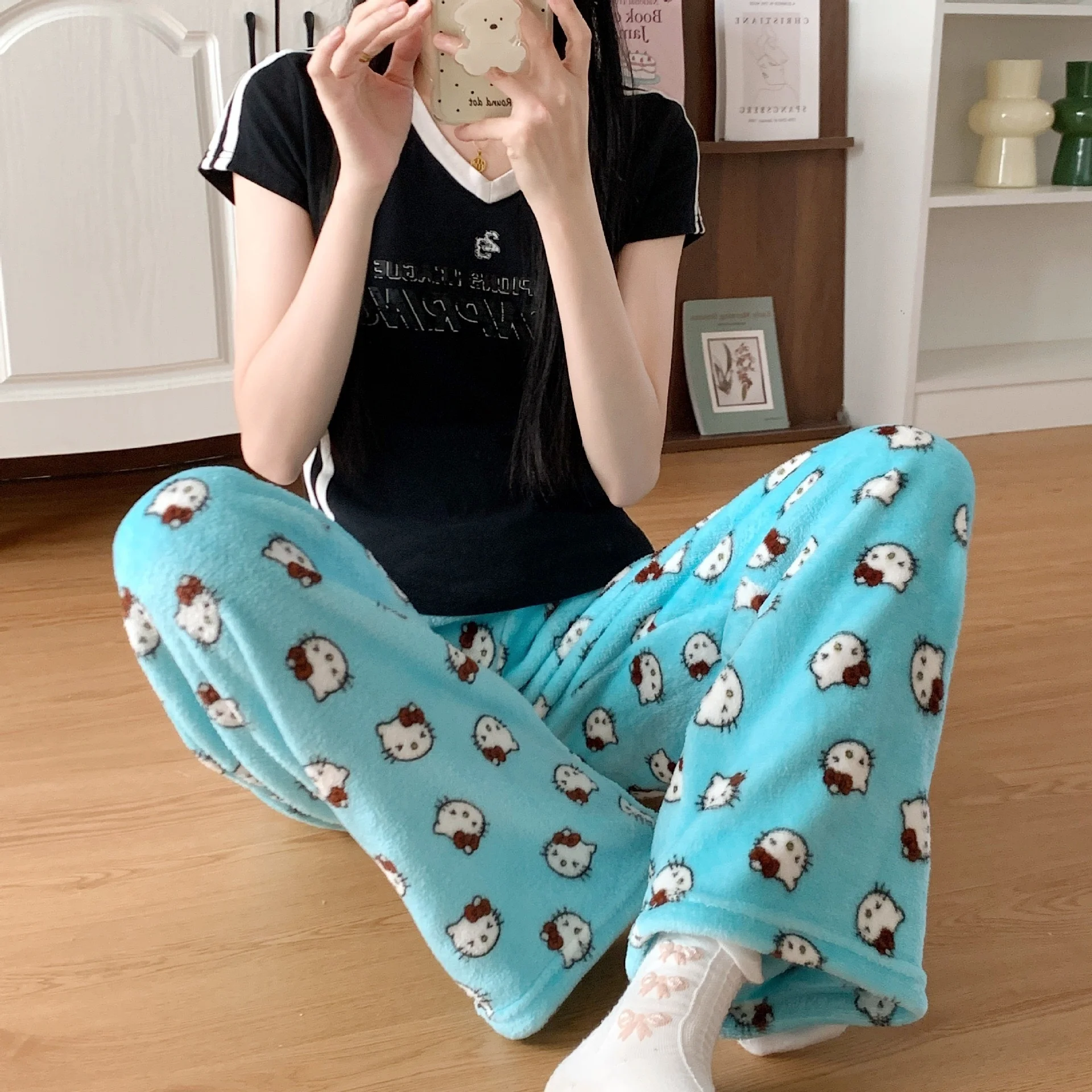 Y2K Hello Kitty Flannel Pajama Pants Cartoon Anime Print Comfy Loungewear Matching Couples Sleepwear Cute Gift view 2