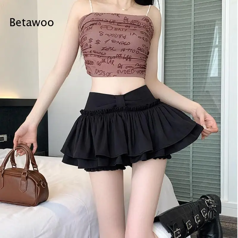 Women Solid Color High Waist Layered Ruffle Mini Skirt Bow Front Pleated Short Skirt with Inner Shorts Y2K Cake Skirt