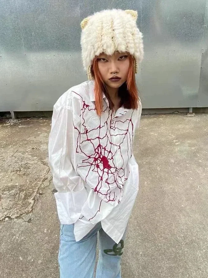 Harajuku Vintage Red Cobweb Embroidery Long Sleeve Blouse Women White Tops Shirts Y2k Aesthetic Grunge Blusas Blouses Shirt