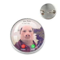 Cute John Pork Is Calling Answer Call Phone Humor Funny Pig Animal Lovers Graphic Meme Glass Brooch Lapel Bag Clothes Pins Gift