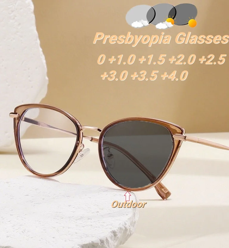 

Classic Cat Eye Photochromic Women's Presbyopia Glasses Fashionable and Luxurious Outdoor Men's Farsightedness Sunglasses