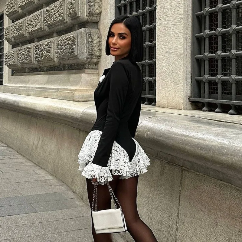 Mujer elegante encaje Patchwork Blazer mono con muescas cuello en V profundo acampanado manga larga Casual mamelucos fiesta Clubwear ropa de trabajo de oficina