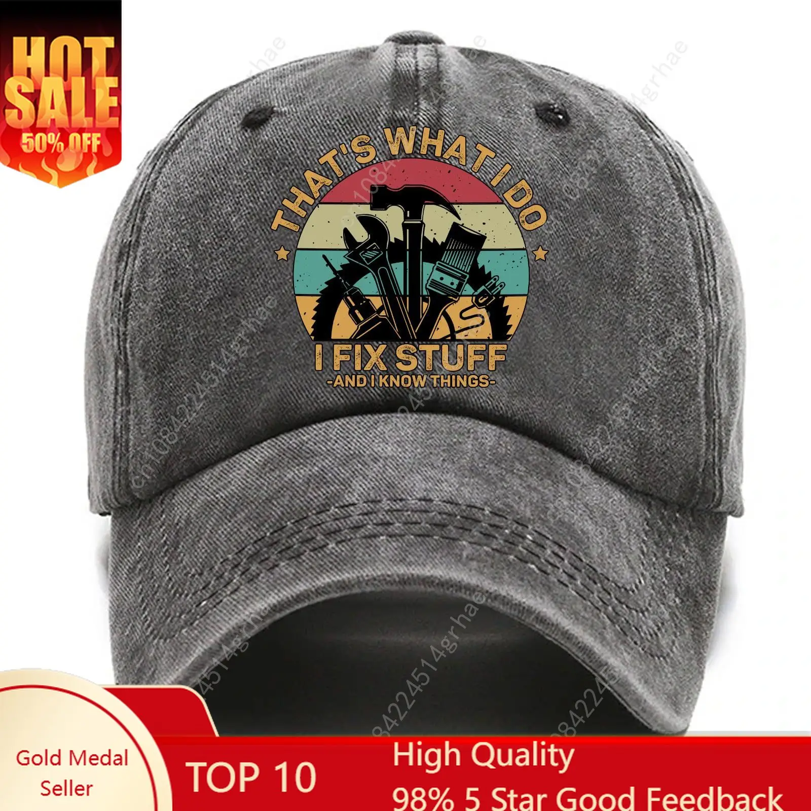 

Pishavi That's What I Do I FIx Stuff Distressed Washed Black Baseball Cap Vintage Adjustable Hat Gifts for Men Women Retirement