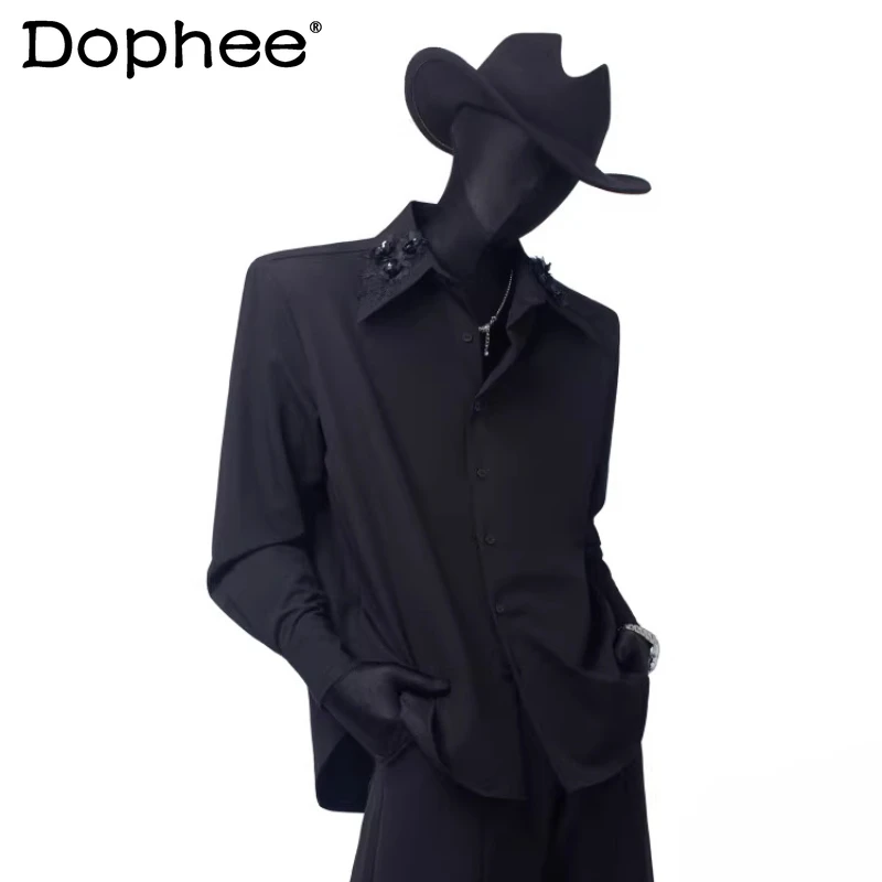 

2026 Men's Spring New Fashion Comfort Versatile Embroidered Shirts Loose Long Sleeve Trendy Shoulder Pad Shirts Solid Color Tops