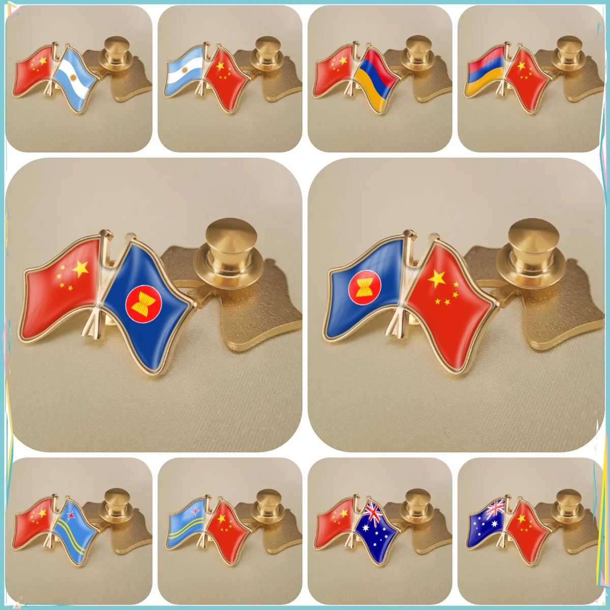 China and Argentina Armenia Aruba ASEAN Association Australia Crossed Double Friendship Flags Lapel Pins Brooch Badges