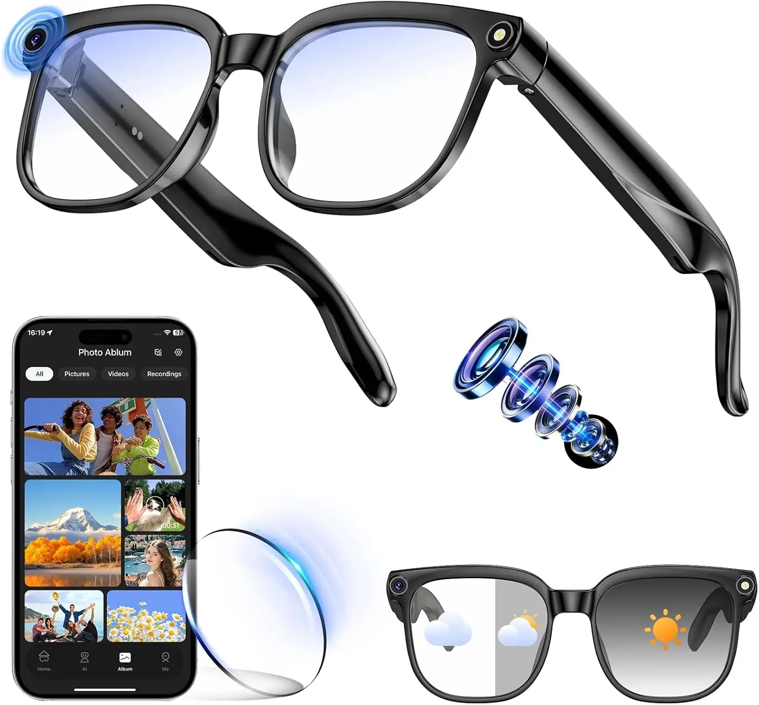 

Умные очки с камерой, фото/видео 8 МП HD, AI-перевод и распознавание, голосовые вопросы/ответы, звонки/музыка, защита от УФ-излучения