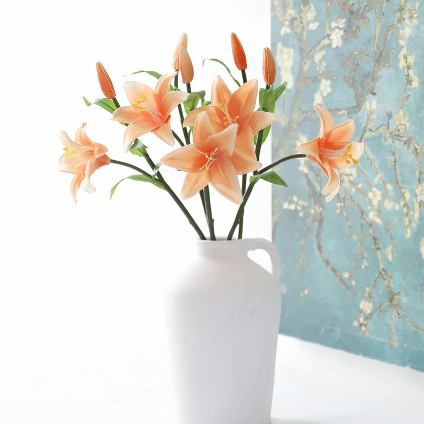 4 Stück Real Touch Lilien Künstliche PU-Blumen Heimdekoration Hochzeitsblumenarrangement Brautstrauß Partytischdekoration Lilien – Detail 4