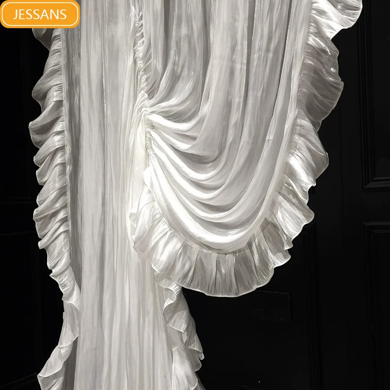French White Glossy Agaric Lace Window Screen White Yarn Customized Living Room Bedroom Villa French Window Balcony Window