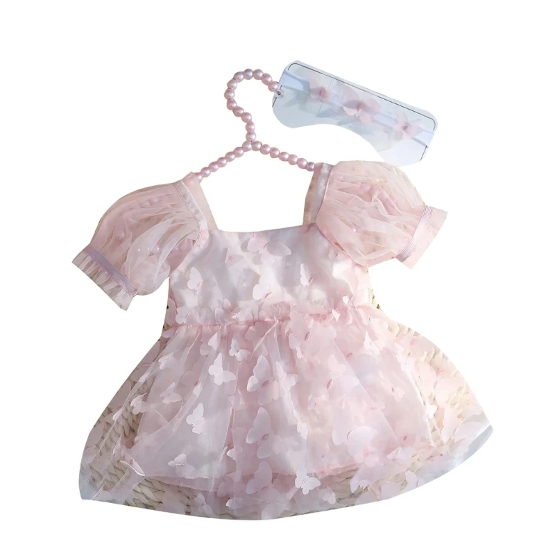 

57EE Breathable Newborns Butterfly Embroidery Dress with Elastic Matching Headband