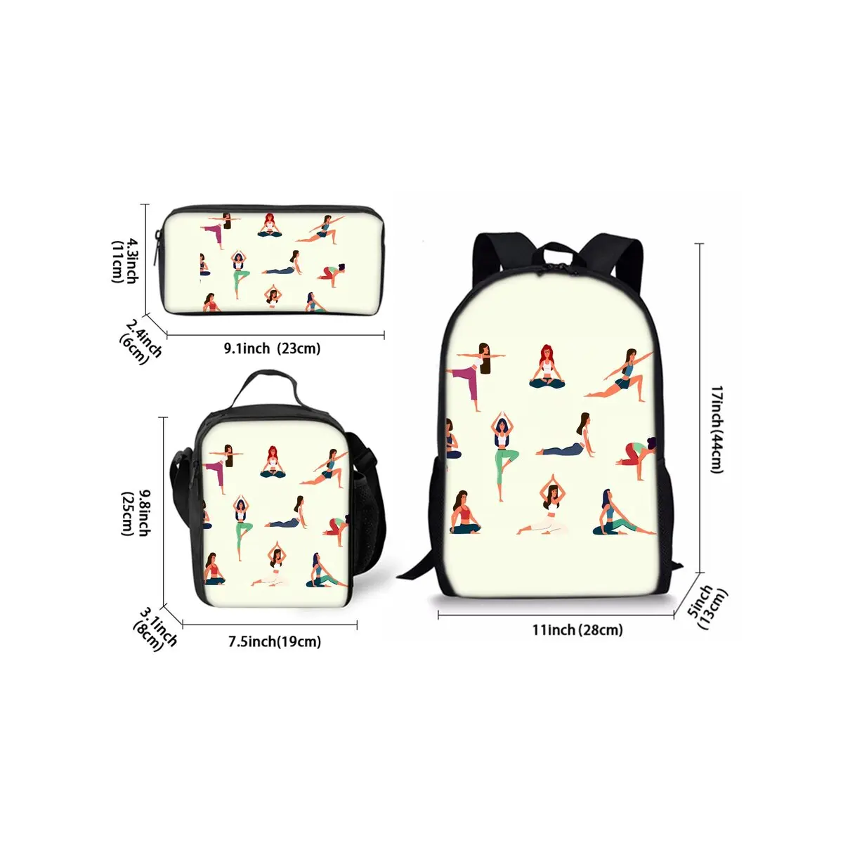 Yoga Print Three Piece Backpacks Set for Boy and Girls Best Gifts 2D Flat Cartoon School Bag for Children