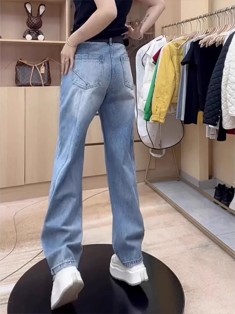 Pantalones vaqueros ajustados de pierna recta para mujer, pantalones informales cómodos con cierre de botón de cintura alta, elásticos, sin hierro, coreanos