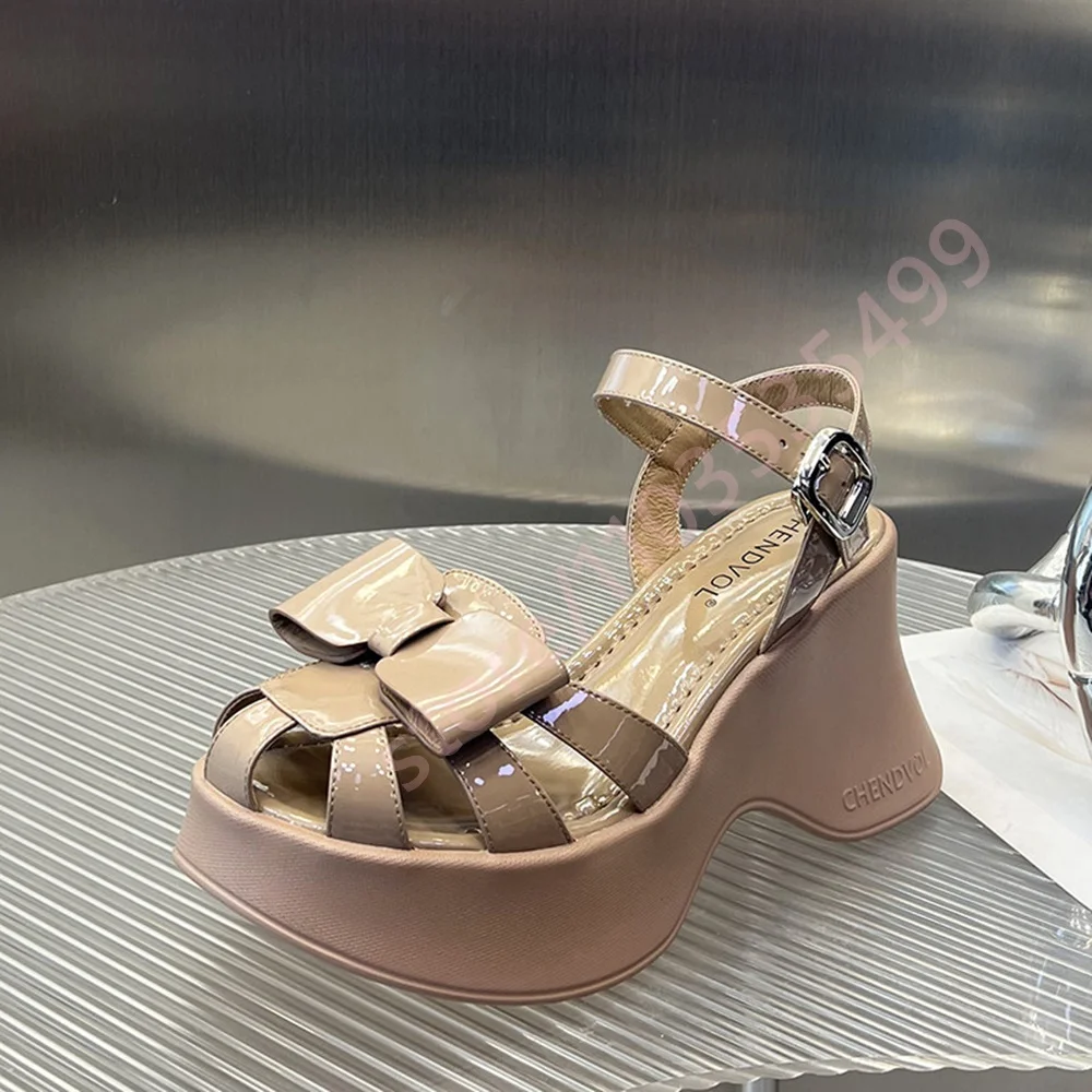 Patent Peep Toe Platform Wedge Sandals Women Bow Hollow Straps Adjustable Buckle Ankle Strap Curved Thick Sole Sweet Summer Shoe