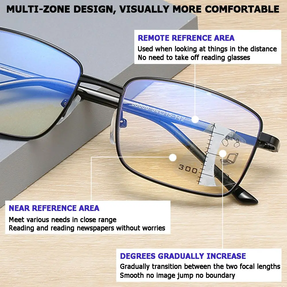 Metal Progressive Multifocal Reading Glasses Anti Blue Light Reading Glasses Presbyopia Glasses Computer Goggles Vision Diopter