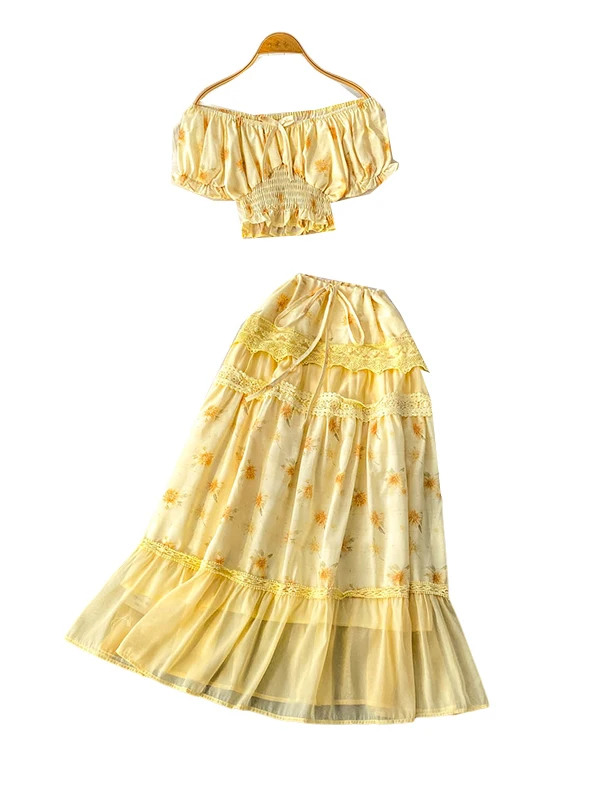 甘い花柄プリントベルト付きショートトップレーストリムロングスカートセット レディースファッションサマーアウトフィットラウンドネックツーピースアンサンブル