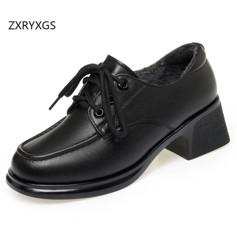 

ZXRYXGS Женская обувь премиум-класса из воловьей кожи на шнуровке, новинка 2025, осень-зима, черные туфли, элегантные модные туфли на среднем каблуке, большой размер