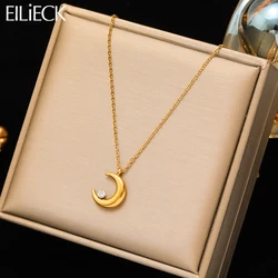 EILIECK 316L Stainless Steel Gold Color Moon Zircon Pendant Necklace For Women Girl Fashion Neck Chain Jewelry Wedding Gift