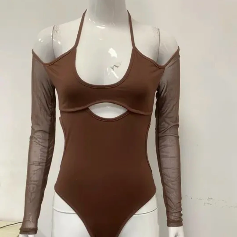 Baju Bodysuit Wanita Musim Panas, Gaya Eropa Amerika, Seksi, Model Hollow, Leher Terbuka, Tali di Belakang, Tanpa Punggung, Desain Pure Desire