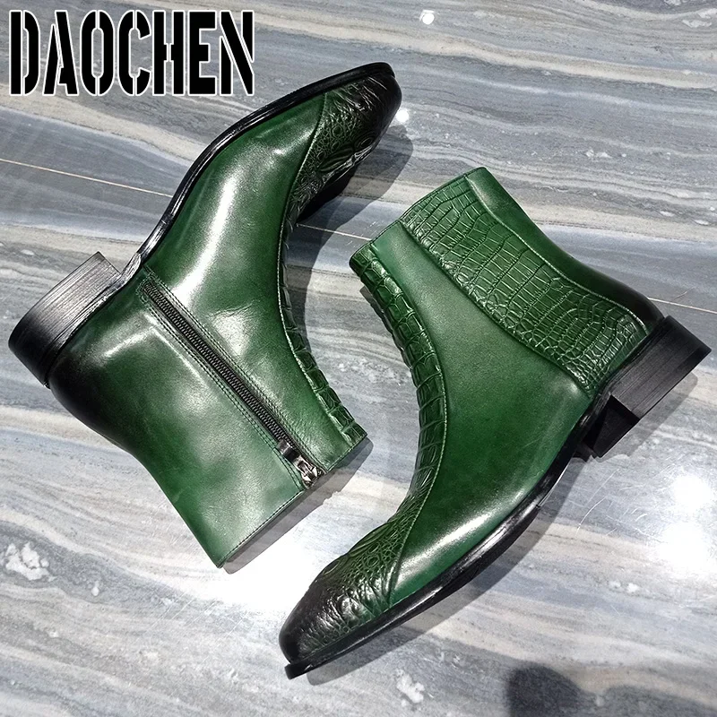 Luxury Men Ankle Boots Shoes Black Green Crocodile Print Zipper Casual Men Dress Shoes Genuine Leather Chelsea Boots Men