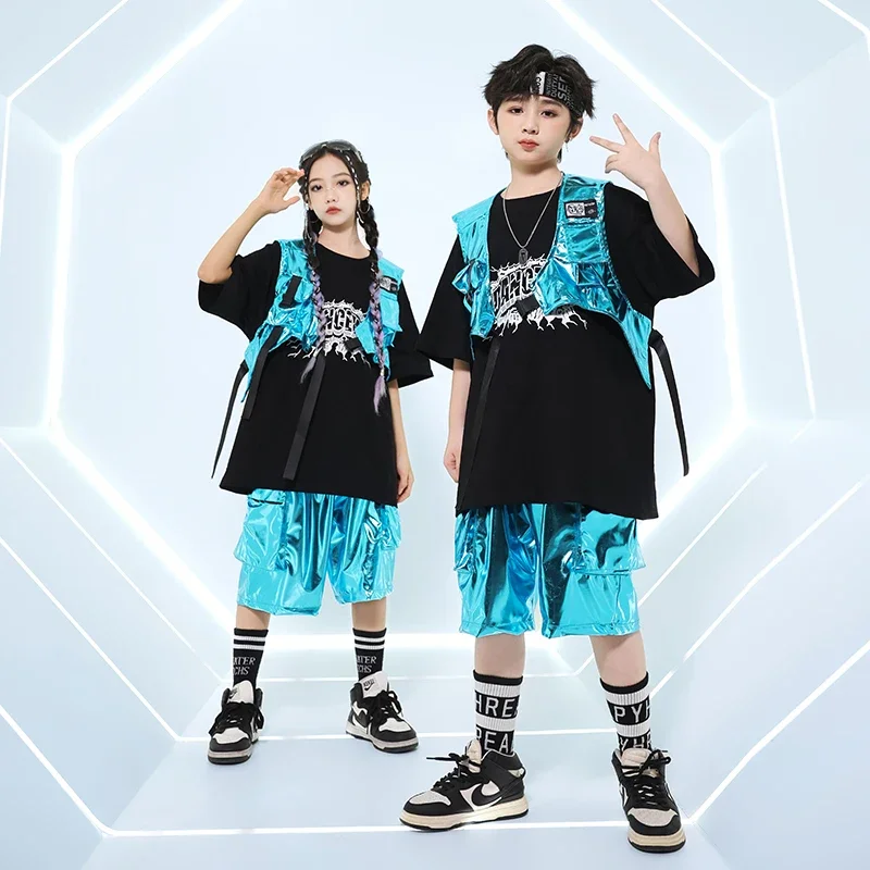 Hip hop meninos camiseta de couro do plutônio brilhante carga shorts meninas legal colheita topo streetwear crianças trajes dança rua criança jazz roupas