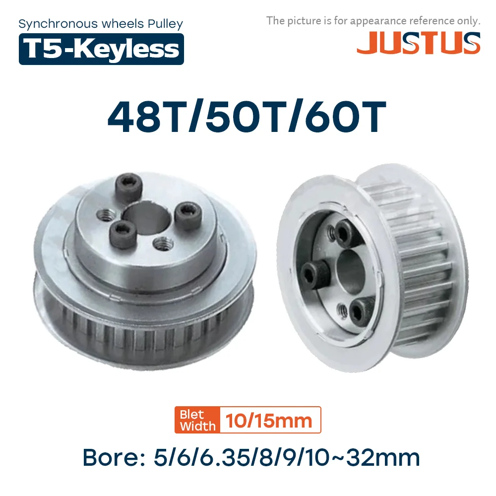 

Trapezoidal Tooth 48T/50T/60 Teeth T5 Timing Pulley Keyless Bushing Bore 5-32mm Synchronous Wheel For T5 Belt Width 10/15mm