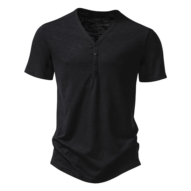 2026 Herren V-Ausschnitt Bambusfaser T-Shirt Mittelstreifen 4-Knopf Kurzarm Eng Anliegend Atmungsaktiv Lässig Sommer Alltags-Oberteil – Detail 9