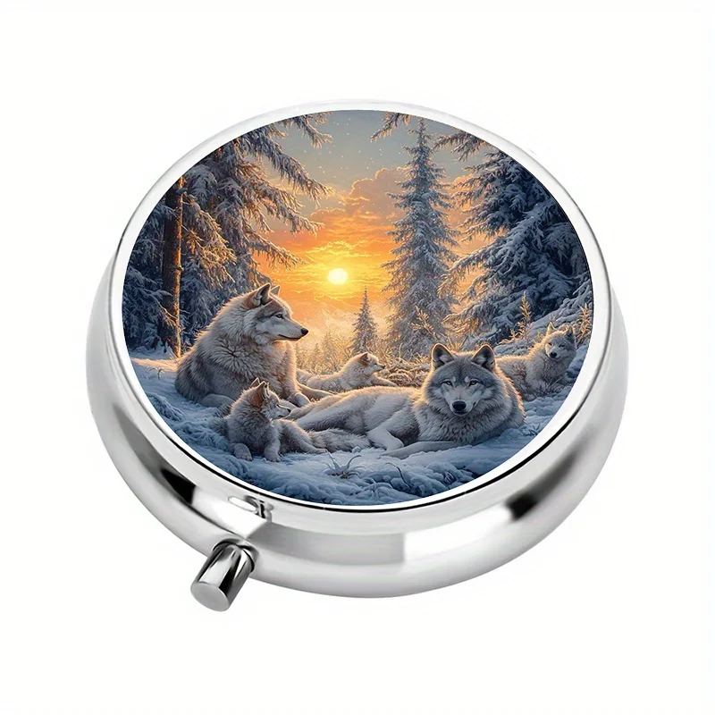 1Pc, Travel Portable Pill Box with 3 Pill Organizers Wolves Portable Pill Box for Pocket or Purse Pocket-Sized Medication Holder Ideal for Travel - Fits in Wallet or Pocket, Colorful Medicine Jewelry Storage
