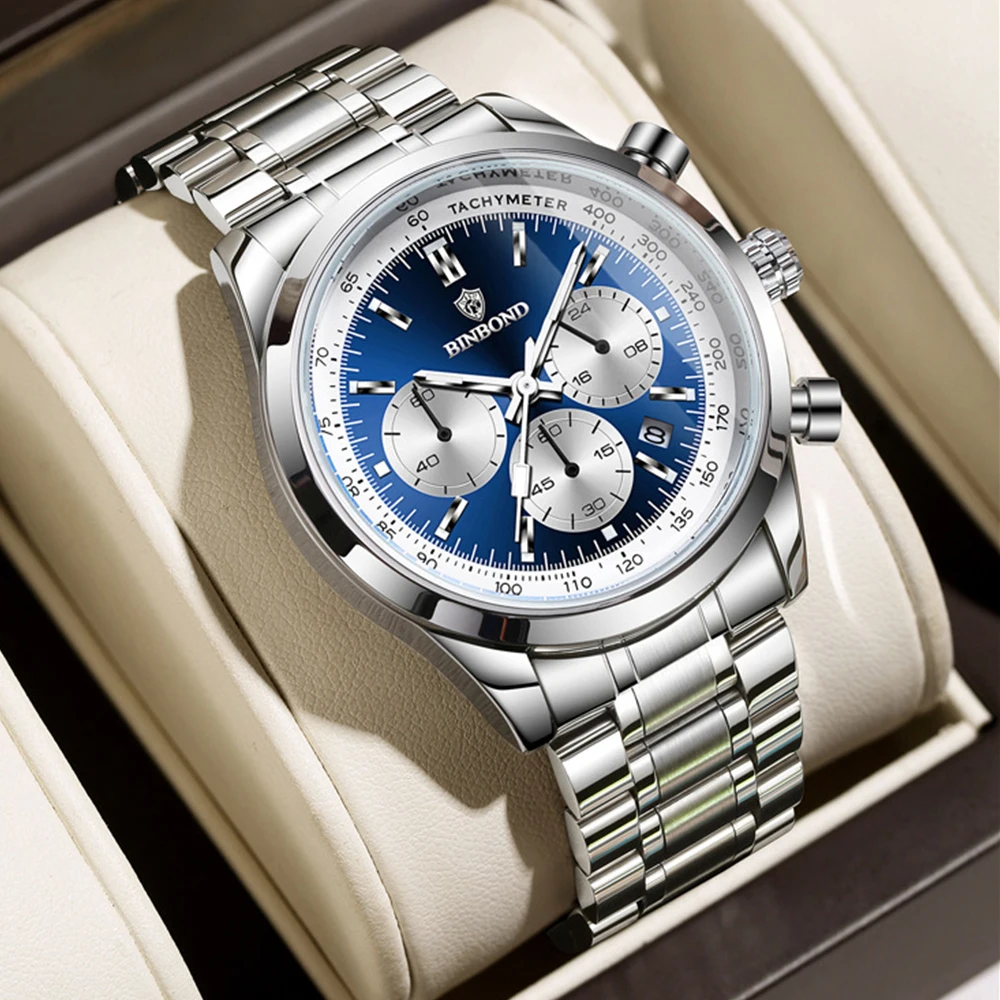 BINBOND Fashion Men's Watches Trend Multifunctional Original Quartz Watch for Man Waterproof Stainless Steel Chronograph Watch