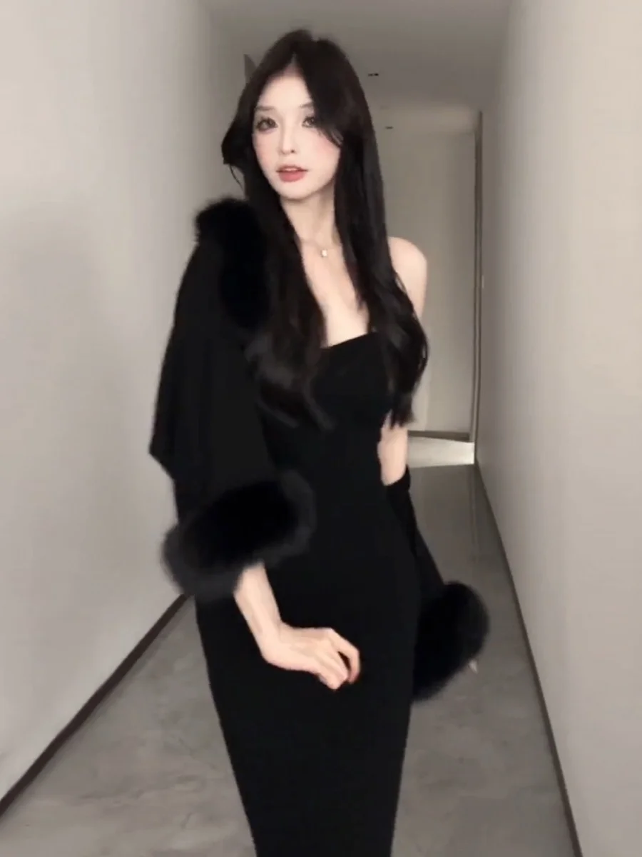 

Сексуальный вязаный комплект для пикантных девушек, женская осенне-зимняя меховая накидка с цепочкой и ремешком Dr Lazy Sle, шуба Jaet