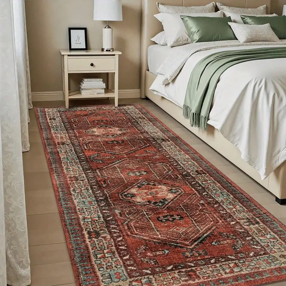 Terracotta Antique Medallion Runner Rug Classic Oriental Hallway Carpet Intricate Border Detail Artisanal Craft For Heritage Home Long Hallway Carpet Bath Mats Passage Floor Mat Kitchen Carpets Laundry Room Decorations Balcony Carpets Living Room