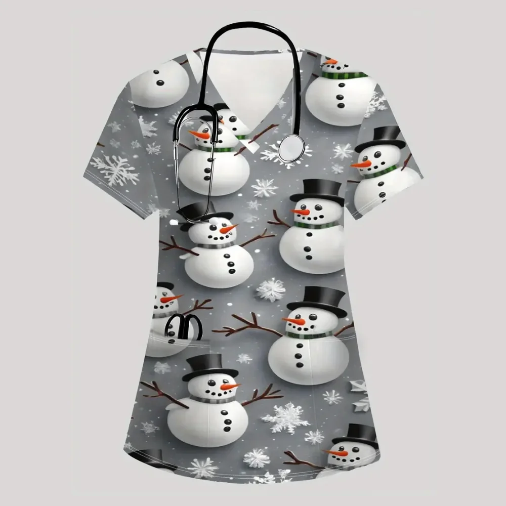ชุดยูนิฟอร์มพยาบาลลายการ์ตูนคริสต์มาสสำหรับผู้หญิง แฟชั่นคอวี แขนสั้น สวมใส่สบาย
