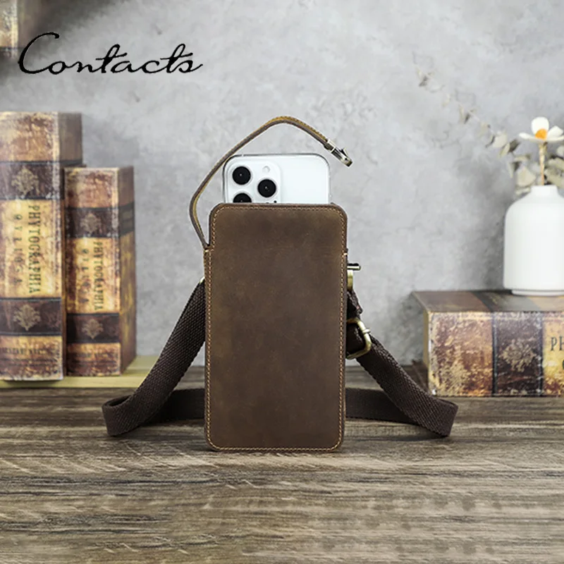 CONTACT'S Genuine Leather Crossbody Bag Men Metal Hook Phone Pocket Waist Bag Male Travel Daily Gift Shoulder Bag