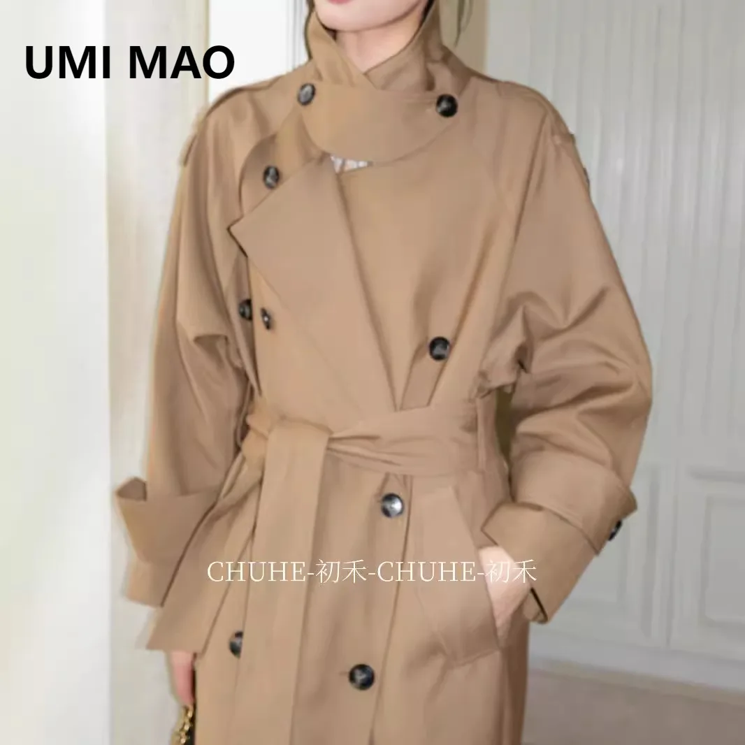 

UMI MAO Elegant Parisian Dream Classic Silhouette Large Lapel Double-Breasted Mid-Length Elegant Trench Coat Female