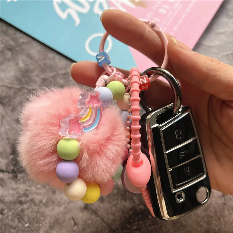 Key Tags Hair Ball Keychains Couple Gifts Colorful Beads Car Keychain Diy Keychain Accessories Small Fresh Hanging Key Chain