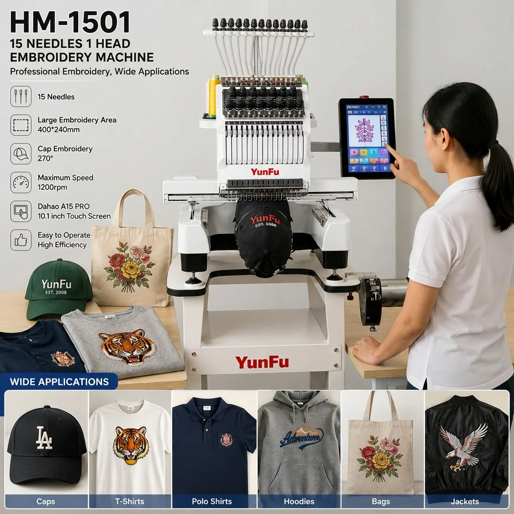 Multifunction High Speed Single Head 15 Needles Computerized Embroidery Machine for Cap T-shirt Flat Garment Business