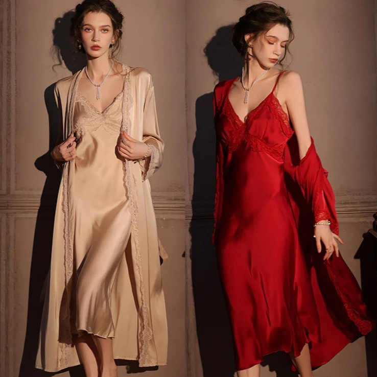 

Комплект из 2 предметов: женский кружевной халат и ночная сорочка, летний кимоно-комплект для сна, шелковистая атласная домашняя одежда