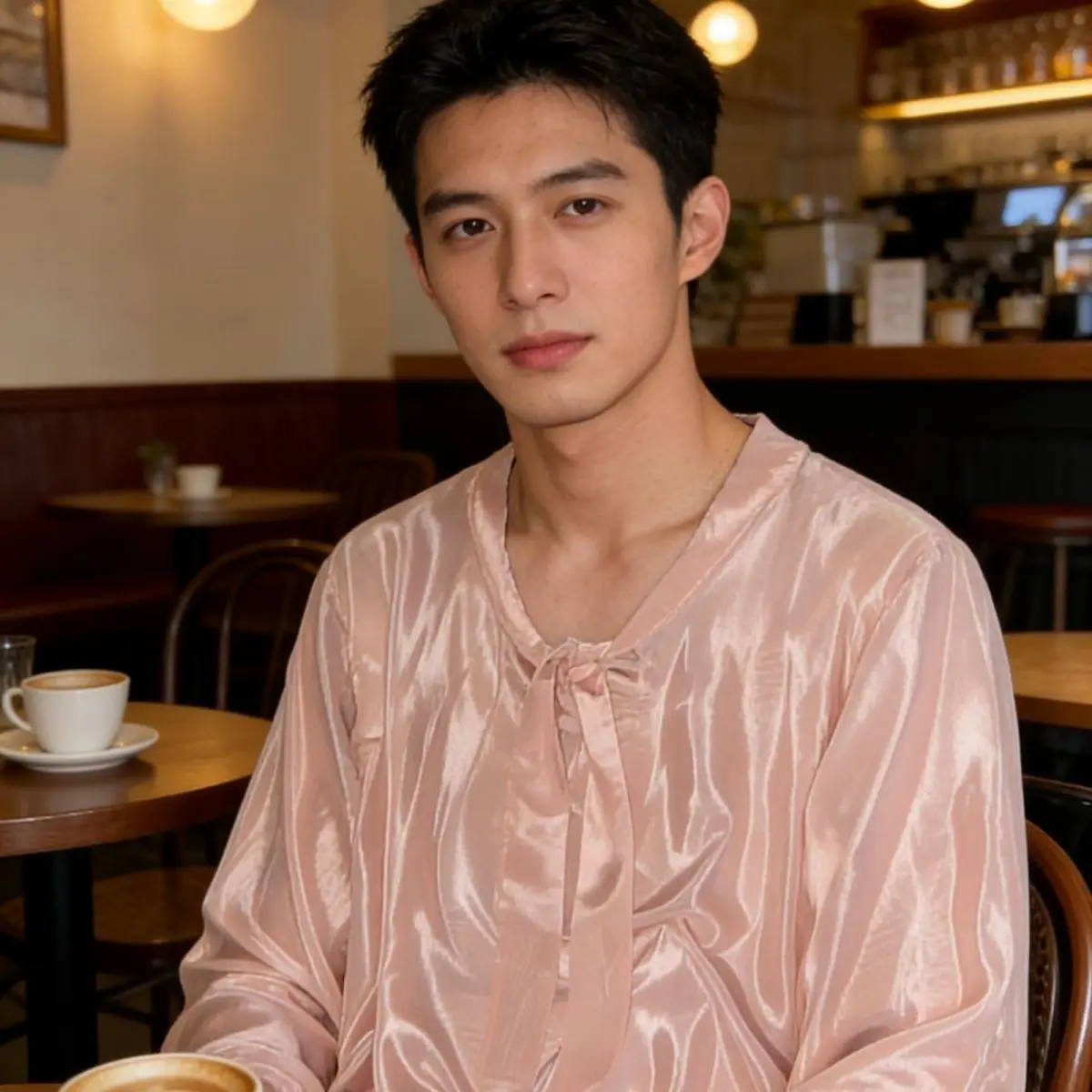 

Unisex Glossy Ice Silk Satin 2 Pieces Set Long Sleeve Top Sleeping Pants Bottoms