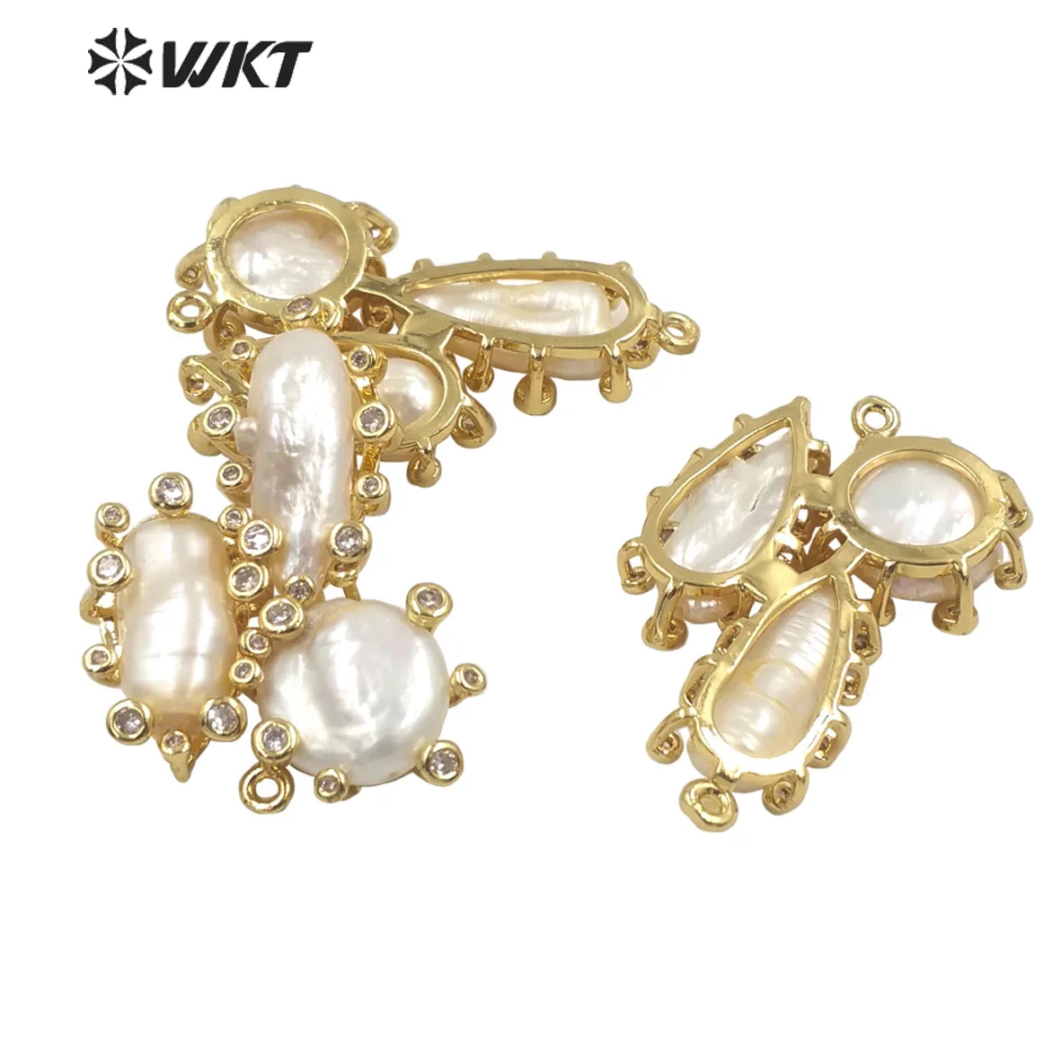 WT-JP310 Wholesale Gorgeous Micropave Zircon Setting Freshwater White Pearl Pendants Elegant Style Gold Plated Irregular Shape