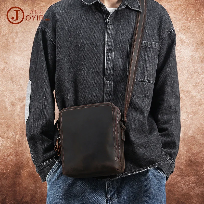 Crossbody Bag Genuine Leather Simple Special-Interest Shoulder Bag Men's Bag New Small Crossbody Bag Crazy Horse Leather Vintage