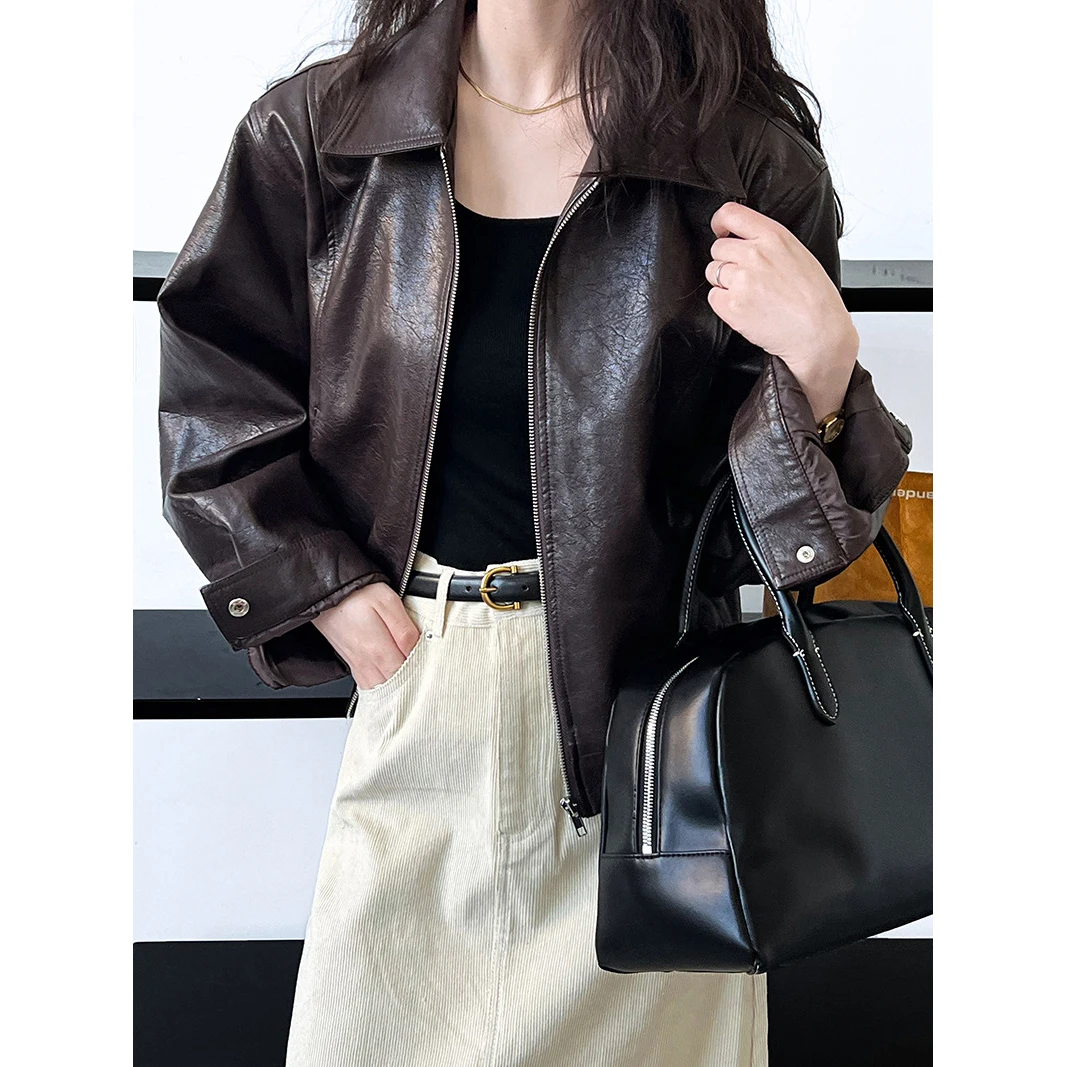 2024 Women Autumn Pu Leather Turn Down Collar Zippers Jacket Coat Fashion Women Classic Jacket Femme Streetwear Tops Clothes