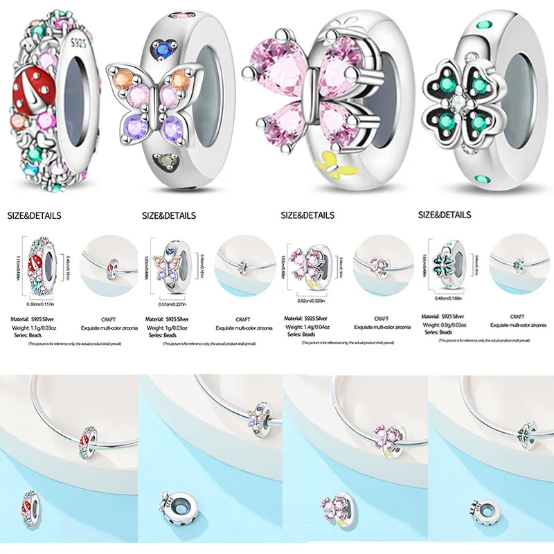 

Silver Clasp 925 Sterling Silver CZ Pave Clip Charms Lucky Clover Ladybug Safety Chain Fit Original Bangle Bracelet Jewelry Clip