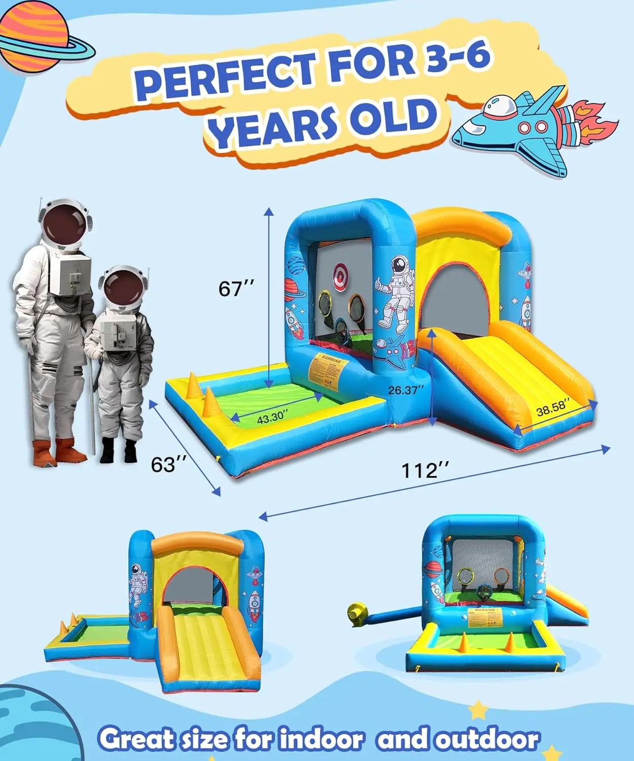 Inflatable Bounce House with Blower for Kids 3-6 y/o, Jumping Castle with Slide, 112x63x67'' Toddlers Bouncer with Ball Pit, Bou