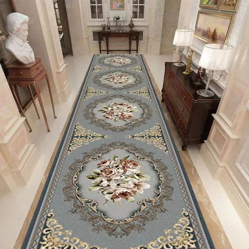 Luxury French Floral Pattern Home Hotel Aisle Runner Rug Long Corridor Hallway Carpet for Living Room Anti-slip Stairway Mat