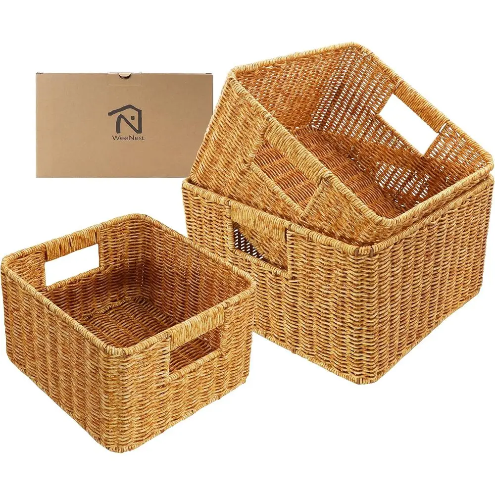

Baskets with Handles, Wicker Storage, Shelf Boxes for Organizing, Decorative Resin, Set of 3, Amber