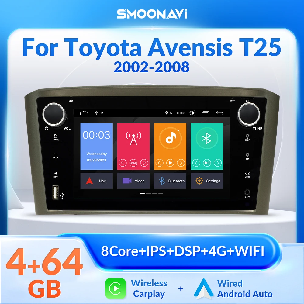 Wireless Carplay 4GB 64GB Wifi Android 12 Car Multimedia Player For Toyota Avensis T25 2002 2003 2004 2005 2008 GPS 4GB 64GB GPS