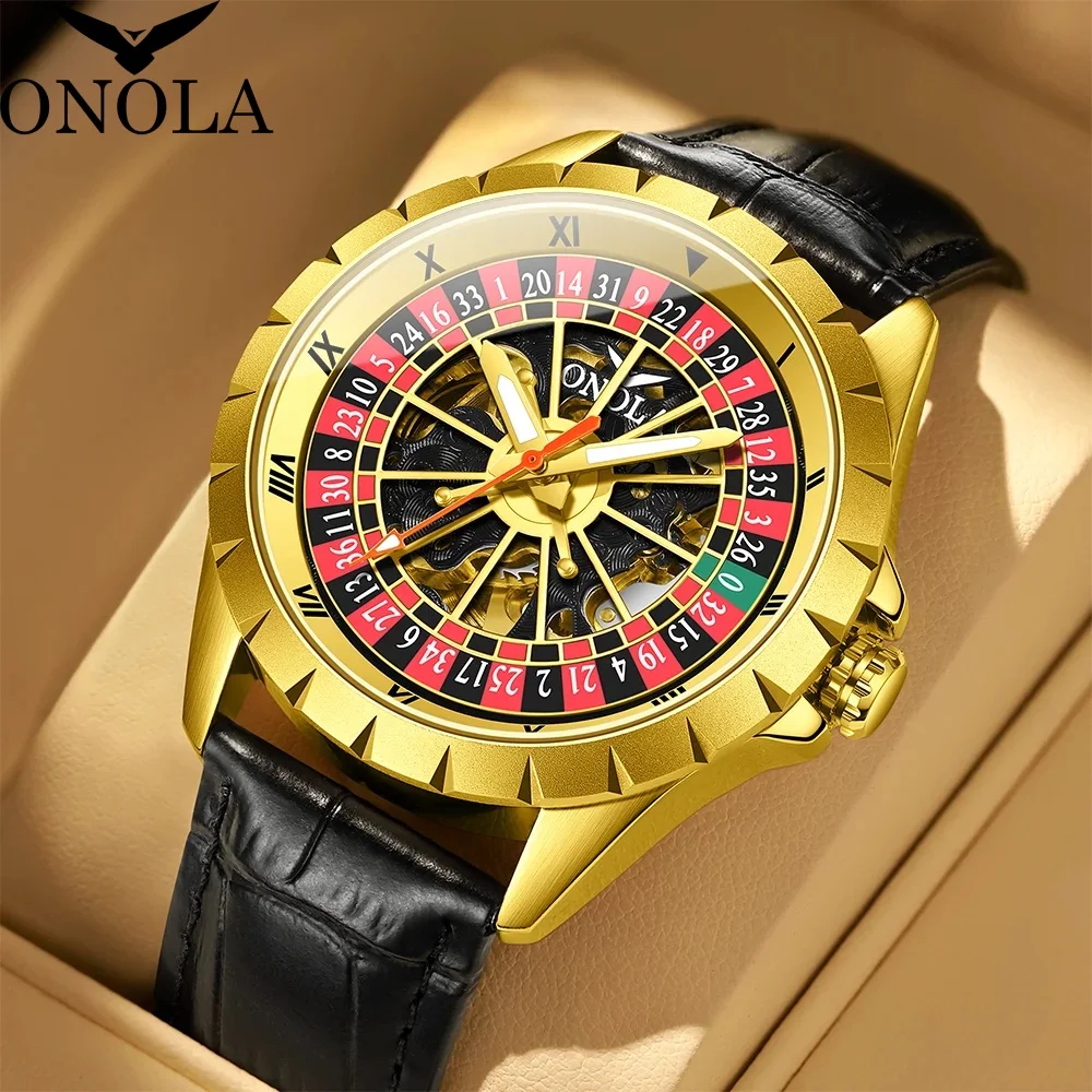 

ONOLA Automatic Watch for Man 3869 Gift Box Luxury Gold Mechanical Watches Creative Rotating Dial Roulette Waterproof Men Watch