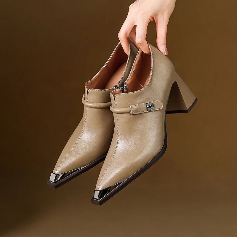 

Pumps Women Cow Leather Metal Toe Cap Chunky Heel Belt Buckle Pointed Toe Deep Cutout Spring Fashion Shoes