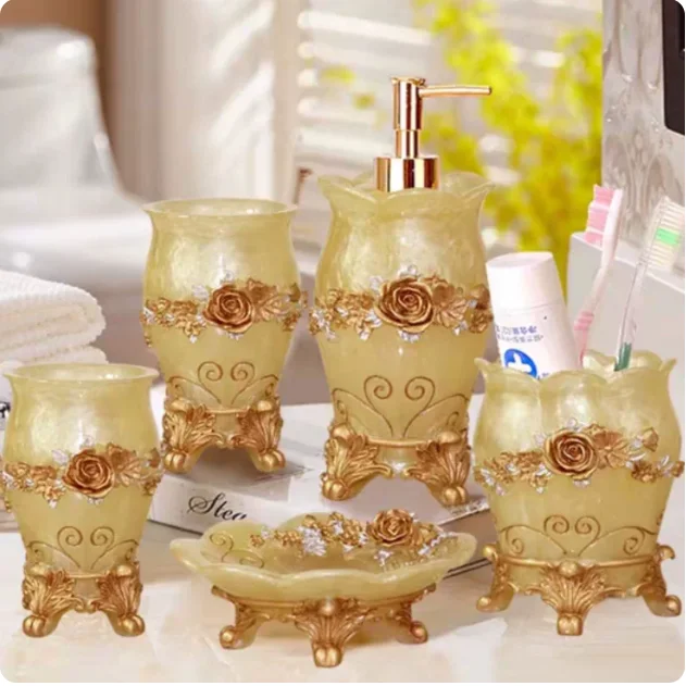5pcs set Bathroom Set Resin Washroom Accessories Kit Resin Pink Home Decoration House Tools Toothbrush Holder Soap Box Set