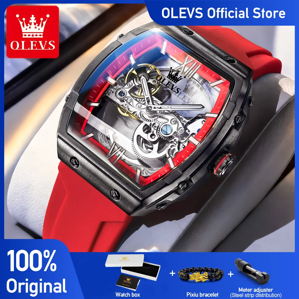 

OLEVS 6779 Men Watch Translucent Core Mechanical Movement Square Case Wine Barrel Night Light Function Waterproof Watch For Men